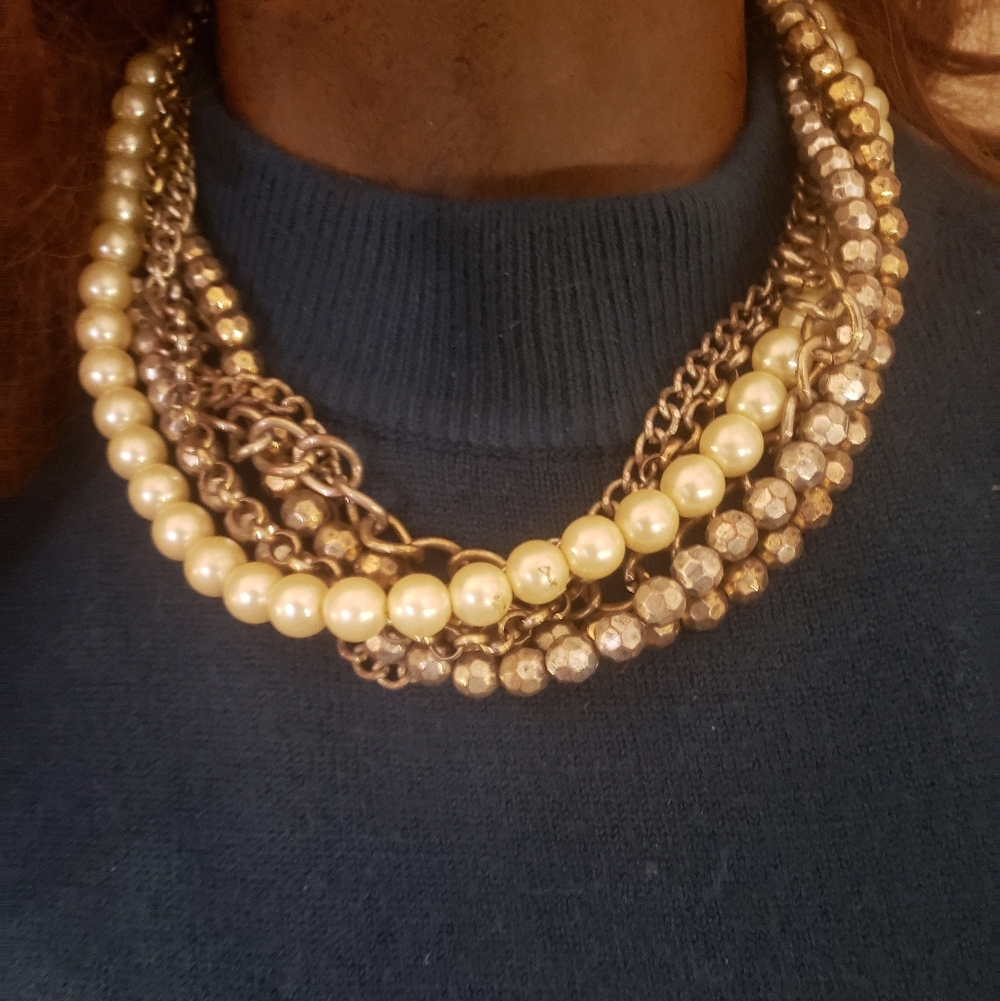 Vintage Signed JJ Jonette Jewelry Multi-Strand Pearl & Gold Chain Necklace